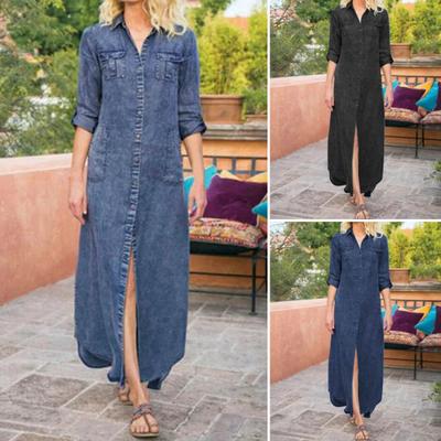 Lapel V Neck Long Sleeves Multi Pockets Denim Dress Women Fashion Button-down Solid Color Denim Shirt Long Dress Streetwear