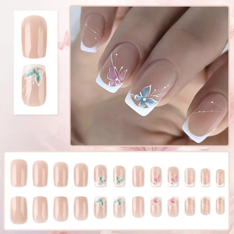 Packung mit 24 französischen Schmetterling Nagelkunstspitzen künstliche Nägel elegantes Design für sofortige Anwendung Naturweiß-Effekt