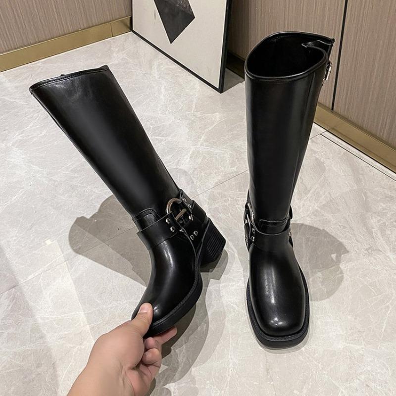 Fashion Internet Celebrity 2025 Spring and Autumn New Block Heel No Knee Thigh Boots Women's British Style Retro Knight Boots
