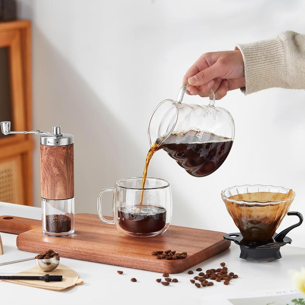 Pokaro Tea Coffee Set, Hand Grinder, Manual Measuring Spoon, Coffee Server, Dripper, Drip Kettle V60, 40 Paper Filters, Hand Drip, 6-Set Coffee Drip