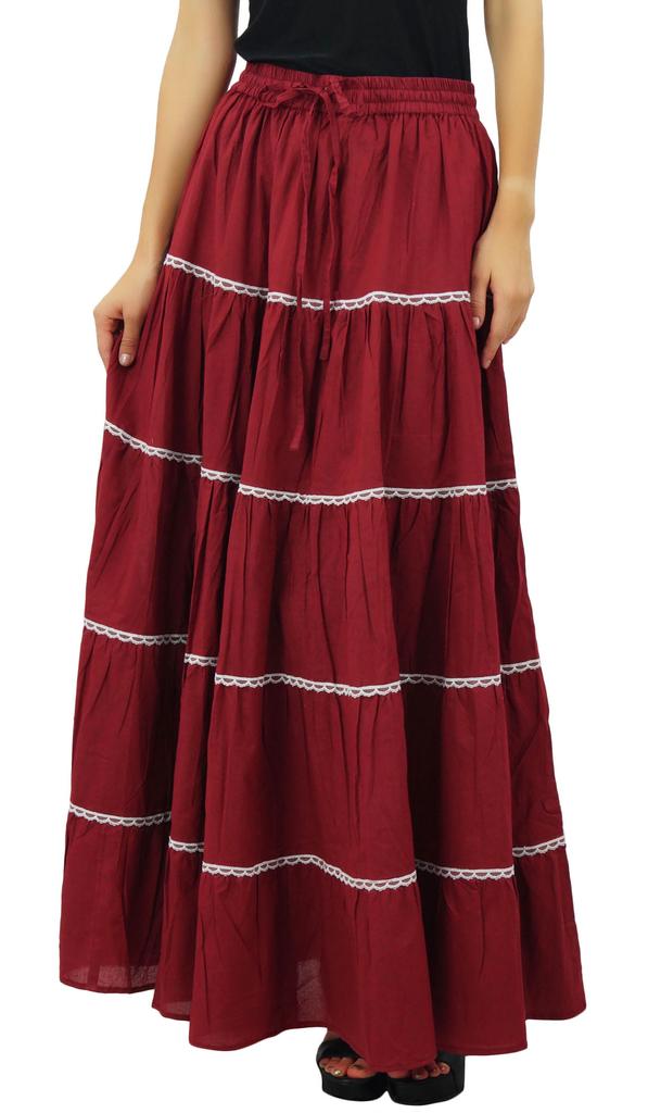 Bimba Damen Langer ausgestellter Baumwollrock Boho Maxi Unterteil Elastische Taille