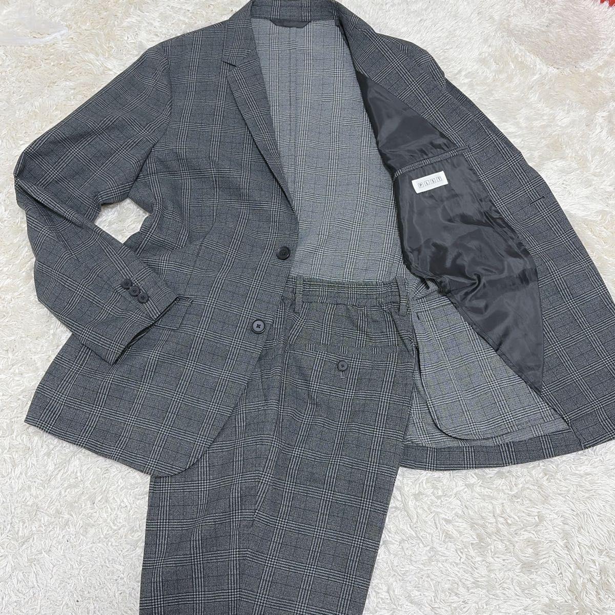 Very Good Condition PLST Plaste [Adult Dignity] Glen Check Setup Gray L Stretchy  Sophisticated Silhouette Suit Top and Bottom