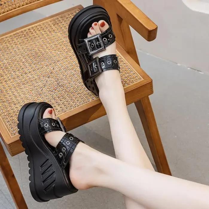 Fashion 10CM New Women's Summer Outdoor Beach Wedge Heel Thick Bottom Slip-On Slippers High Heels Buckle Shoes 2025 Ladies Flat Sandals