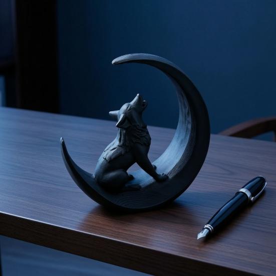 3D Printed Howling Wolf Statue, Wolf On Moon Figurine, Black Wolf Sculpture for Home Office Study Room Desktop Decor