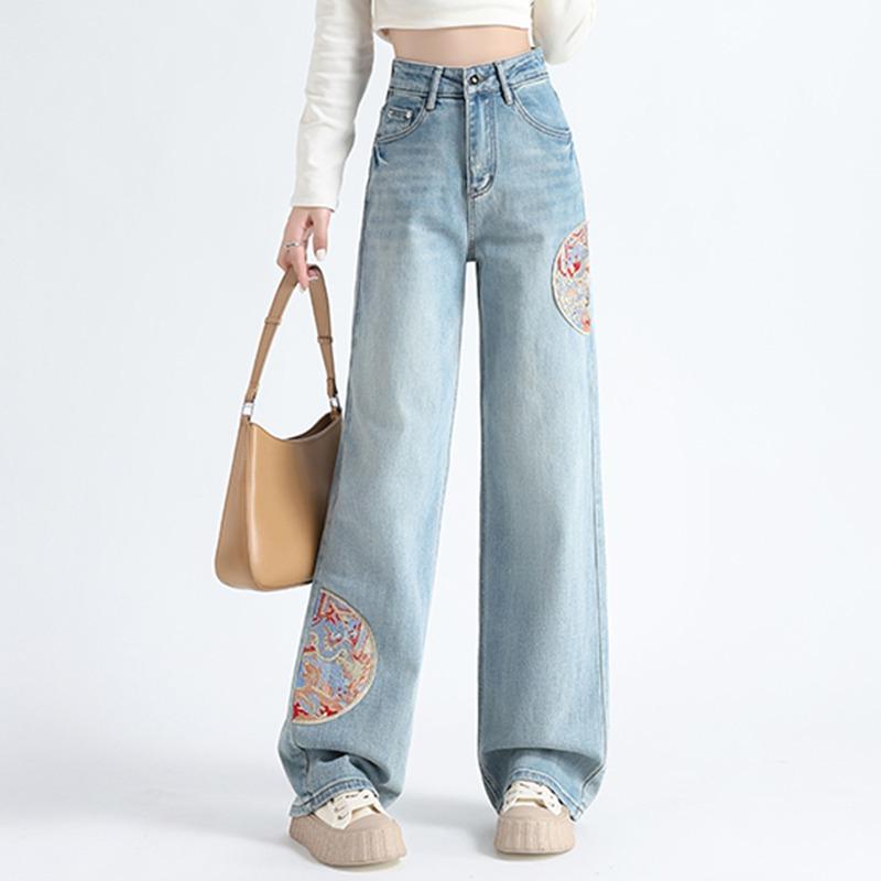 2025 Spring/Autumn Women s High-Waisted Embroidered Wide-Leg Denim Pants Extra Large синий