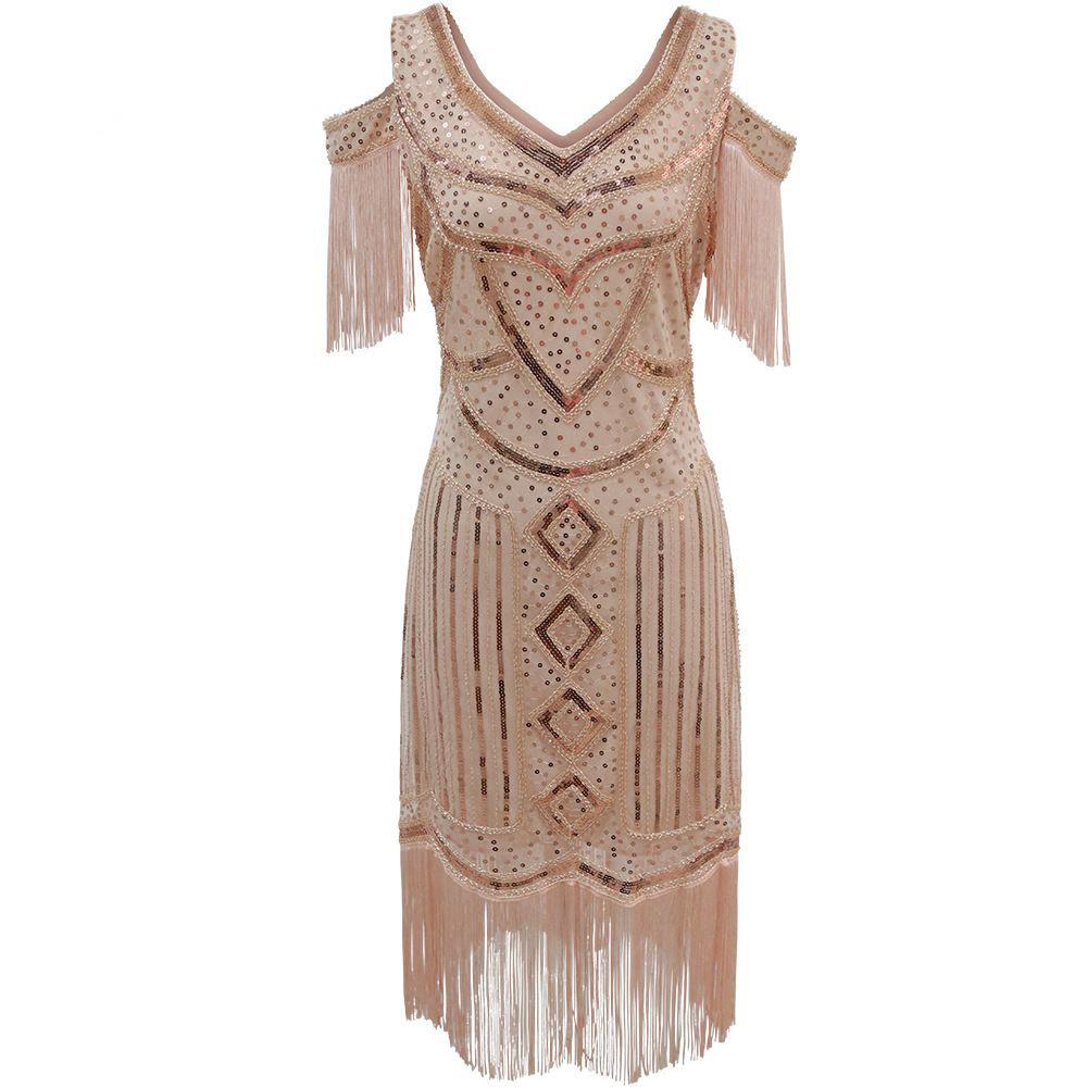 Women's 1920s Gatsby Flapper Dress, Vintage Sequin Fringe V-Neck Cocktail Party Dress