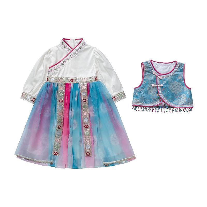 Girls' Spring & Autumn Hanfu Dress Set – Chinese Style Performance Costume for Children, Two-Piece Ethnic Outfit