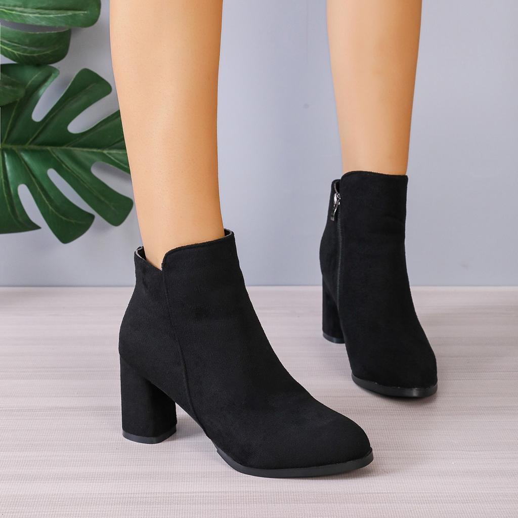 2025 Women Retro Ankle Boots Autumn Winter High Heels Short Boots Flock Party Shoes Women Large Size Zapatos De Mujer
