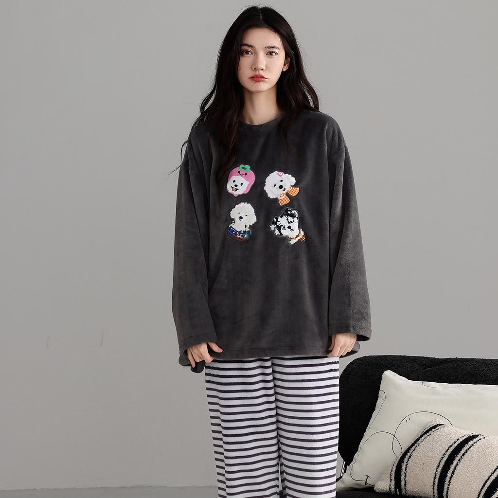 Flannel Pajamas Women Autumn And Winter Cartoon Sweet Thickened Warm Coral Fleece Loungewear Set
