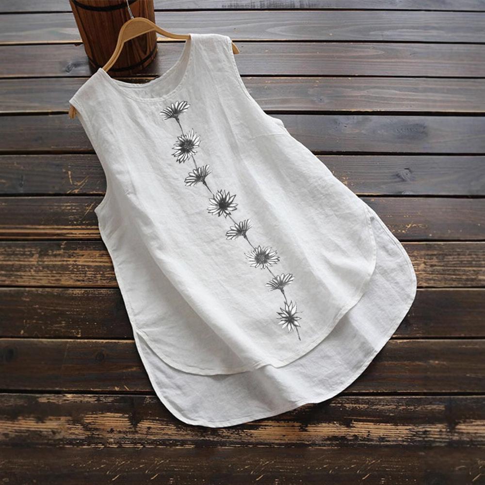 Hauts Vintage Grande Taille pour Femmes en Coton et Lin Sans Manches Imprimé Floral Haut-Bas Débardeur pour Tenue d'Été Décontractée