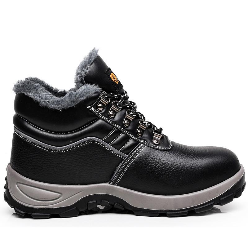 men's casual warm cotton steel toe caps work safety boots worker genuine leather fur safe shoes winter security ankle botas mans