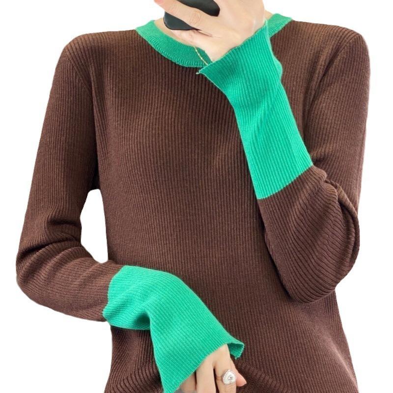 Spring and Autumn Slim Color Collision Round Neck Models Women's Fashion Commuter Style Knitwear Tops