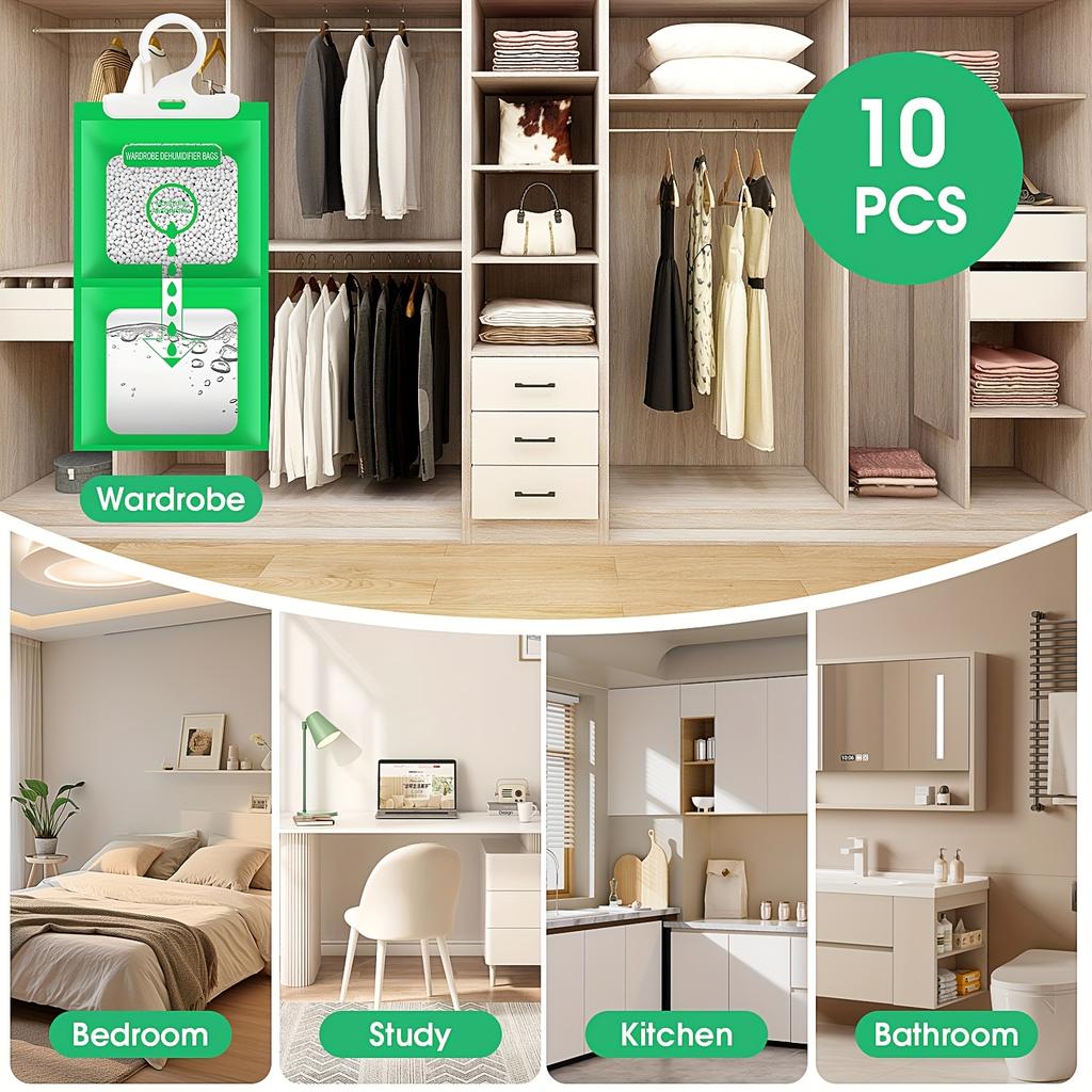 Moisture Absorbers 10 Pack Set, Hanging Closet Dehumidifier Bags, Humidity Packs, Desiccant, Closet Dehumidifiers With Fragrance Free