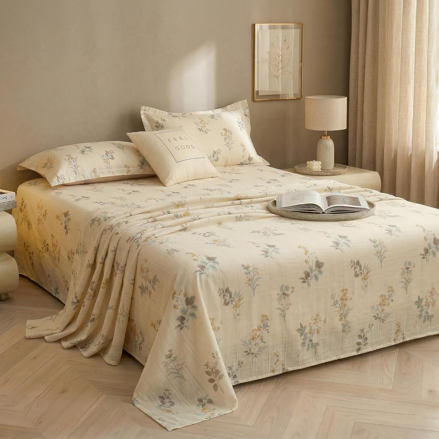 Cloud Cotton King Size bedsheet | Floral Design (270 x 250 cm, Off White & Botanical Mustard) Flatsheet Summer Sheet with Two Pillow Covers 270 x 250 cm
