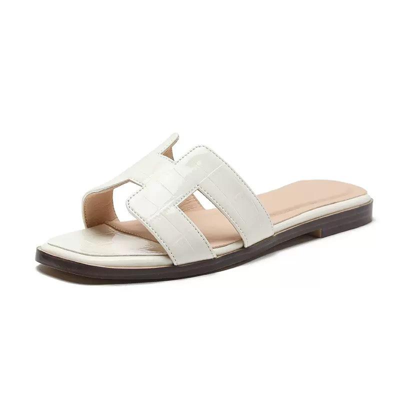 Spot~ Summer lazy H cool slippers fashionable versatile beach flat bottom one-word ins tide white slippers women wear