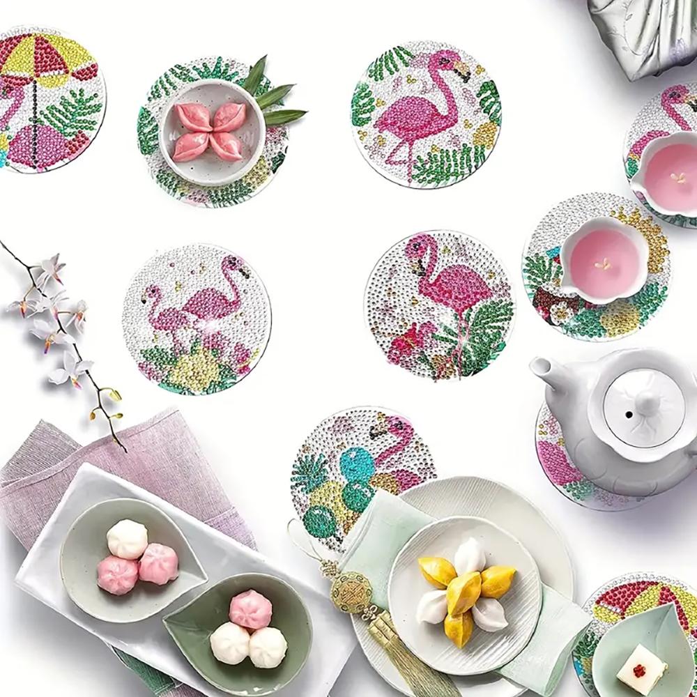 8 Pieces/set of Pink Goose Diamond Painted Coasters with Brackets DIY Coasters for Beginners and Adults, Art and Craft Supplies Gifts