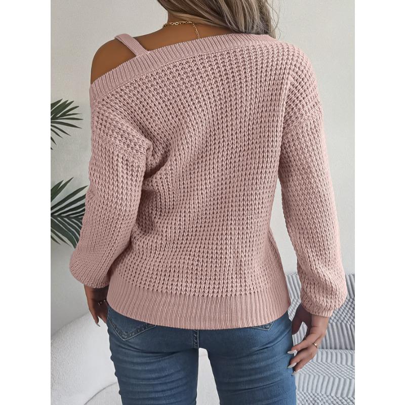 Autumn Winter Casual Metal Buckle Splicing Off-the-shoulder Pullover Sweater Fashion Elegant Lantern Long Sleeve Casual Simple Women Sweater Clothing