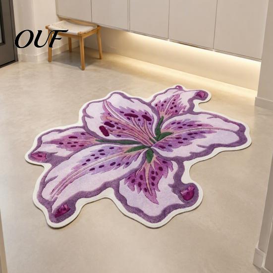 Decorative Lily Shape Rug Floor Mat, Absorbent Velvet for Bathroom And Entrance, Non-slip Comfortable Barefoot Mat Flower Bedroom Dressing Table, Soft