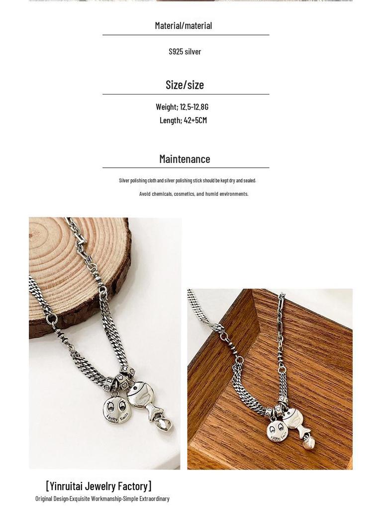 S925 Sterling Silver Heavy Industry Smiley Face Necklace Women's 2022 Retro Thai Silver Clavicle Chain