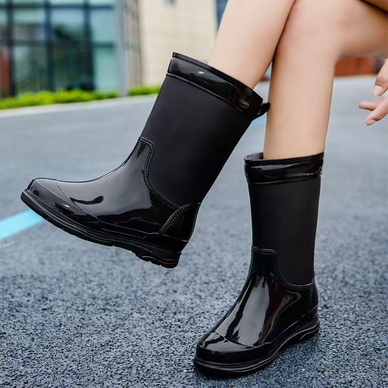 Women's New Low Heel High Top Rain Boots Thick Sole Non Slip Waterproof Detachable Cotton Cover Kitchen Work Shoes Garden Shoes