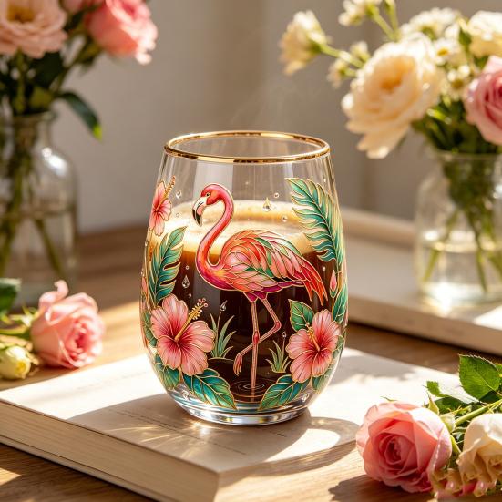 Bicchiere da cocktail Farfalla Fenicottero, Tazza Giardino Fiorito Dipinta a Mano, Bicchiere da Vino Succo con Bordo Dorato, Regalo Unico per Lei