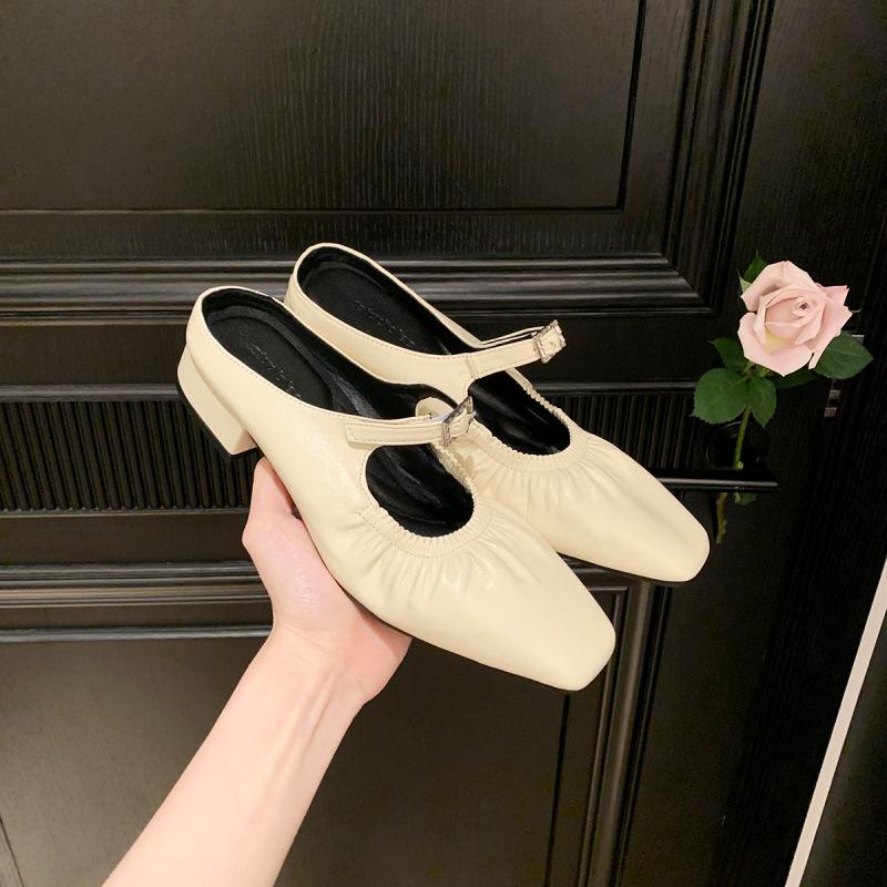 

Square head pleated one pedal rhinestone buckle strap thick heel half slippers spring 34 серебряный