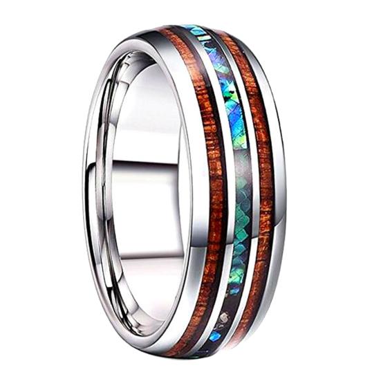 Unisex Wooden Abalone Shell Titanium Steel Ring Wedding Party Jewelry