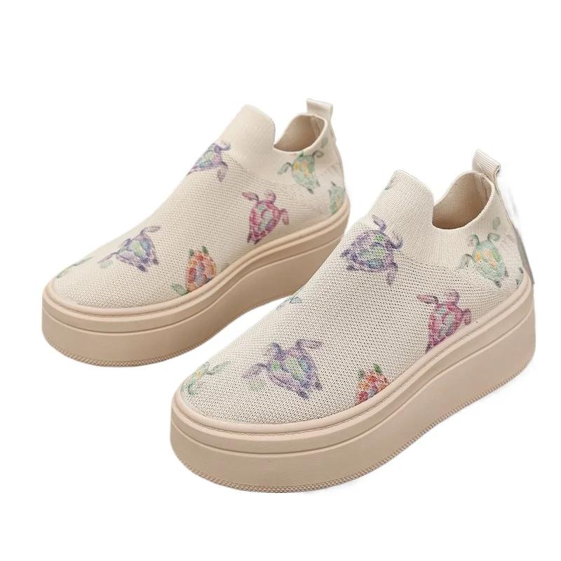 Fashion 2025 Hot Sale Mesh Women's Vulcanize Shoes Outdoor Walking Print Slip On Platform Sneakers Plus Size Versatile Casual Shoes