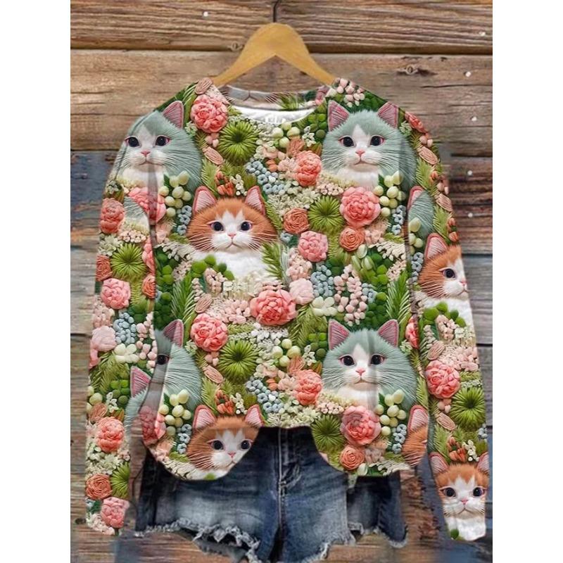 Rundhals 3D Katze Bedrucktes Oberteil Lässige Langarm Damen T-Shirts - Weicher Mitteldehnbarer Polyesterstoff Frühling und Herbst Relaxed Fit Kleidung