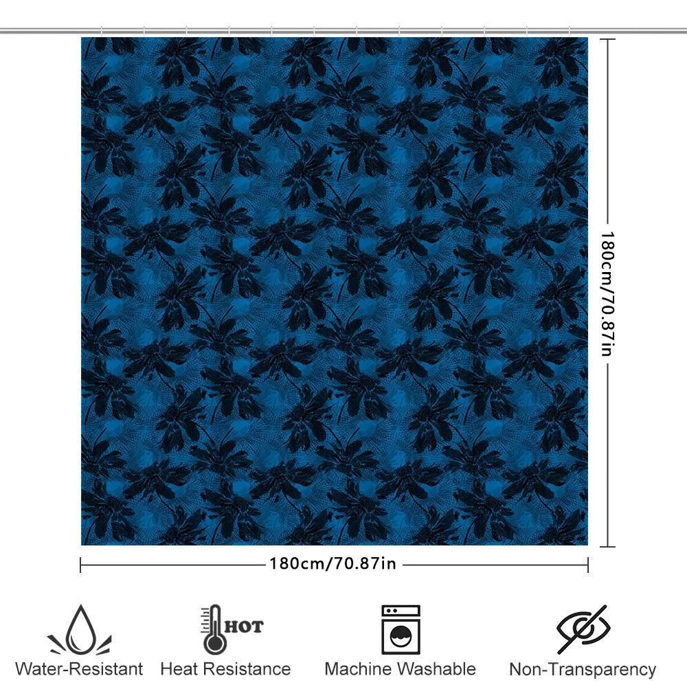 Luxury Blue Bath Shower Curtain With Waterproof Polyester Fabric, Dark Leaves Pattern, Suitable For Bathroom Decor Modern Floral