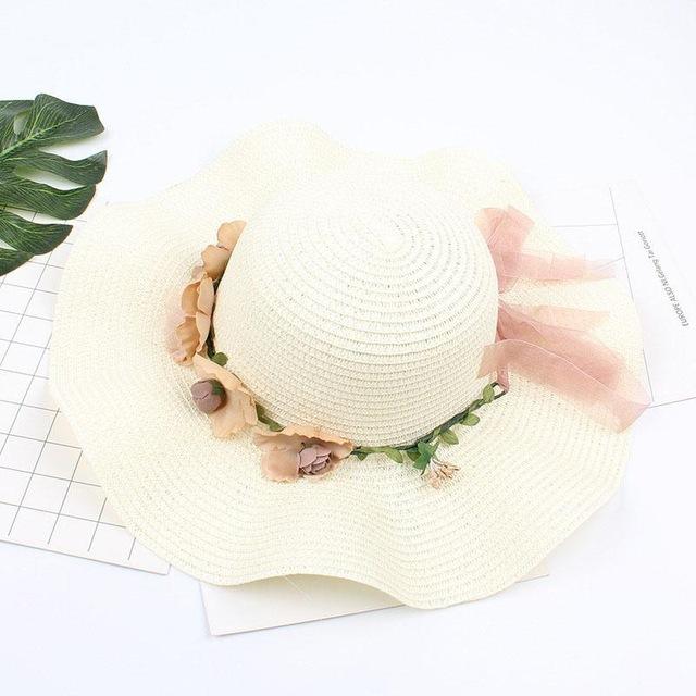 Fashion Summer Wavy Straw Hat Women's Sun CapBeach Eaves Flower Bow Caps