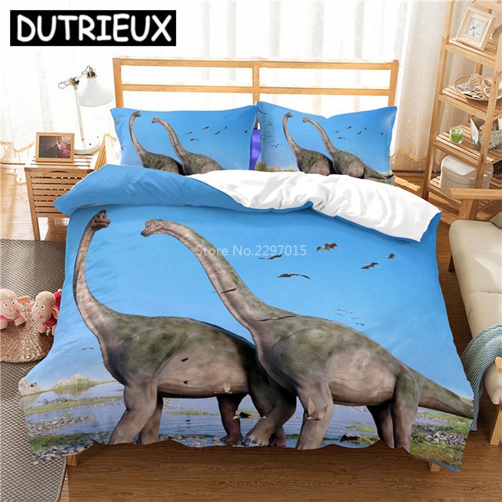 

Милый комплект постельного белья с рисунком динозавра из мультфильма для взрослых и детей, пододеяльник, наволочка для близнецов, полный комплект постельного белья размера «queen-size» и «king-size». EU single(135x200cm)