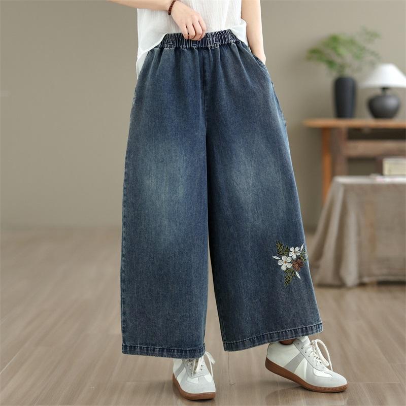 plus size Vintage floral embroidery high waist casual loose Women Spring summer autumn jeans denim wide leg Pants