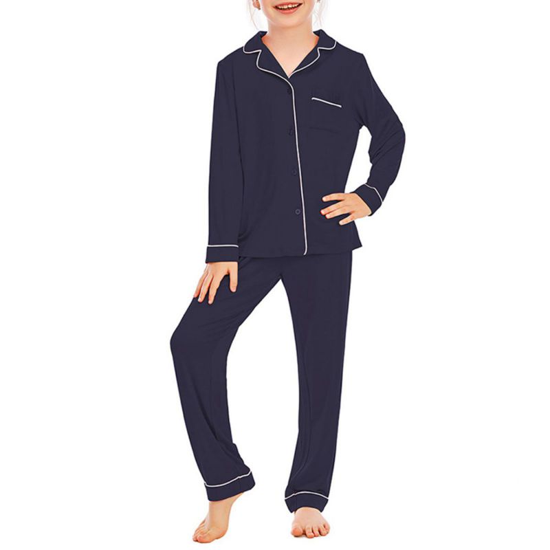 5-14 let Dětský Dívčí Pyžamový Set Dlouhý Rukáv Knoflíkový Top a Kalhoty Domácí Oblečení