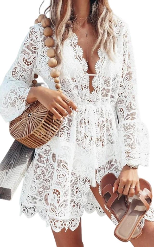 Lamerry Beachwear Swimsuit Lace Sheer Bikini Body Rash White Cardigan, See-Through Top, Cover, Covering, Guard, Women's,