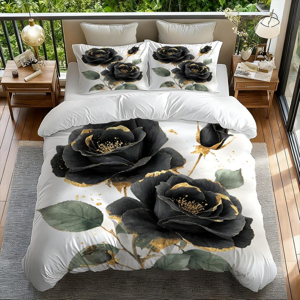 White Duvet Cover Set with Black Rose Golden Print Comfortable Bedroom Home Decor Bedding Collection