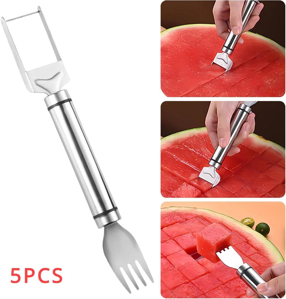 2-in-1-Wassermelonen-Gabelschneider, Doppelkopf, Edelstahl, multifunktionaler Wassermelonen-Obstschneider, Küchen-Obstschneidegabel-Werkzeug