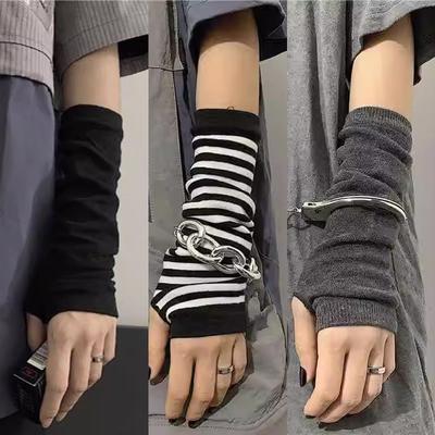 Y2K Winter Warm Lange Mouwen Handschoenen voor Mannen Vrouwen Vingerloos Streep Hip-Hop Gebreide Elleboog Wanten Elastische Outdoor Armwarmer
