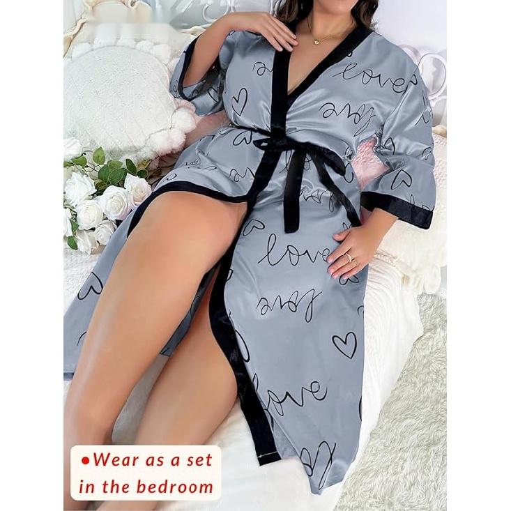 Women's Plus Size Valentines Robe, Sexy Satin Robe Long Sleepwear