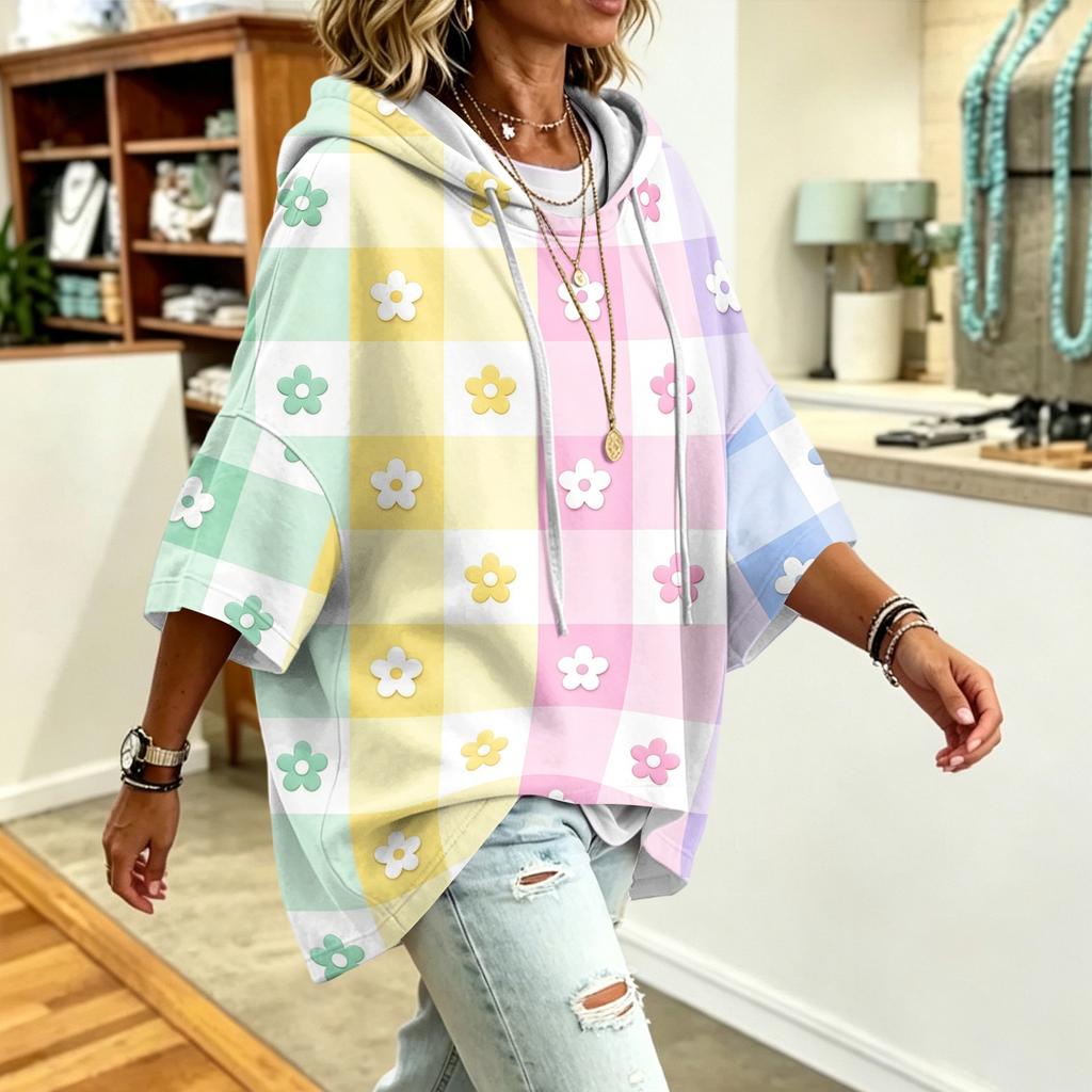 Damen Lockerer Print-Kapuzenpullover Lässiges Sweatshirt Top