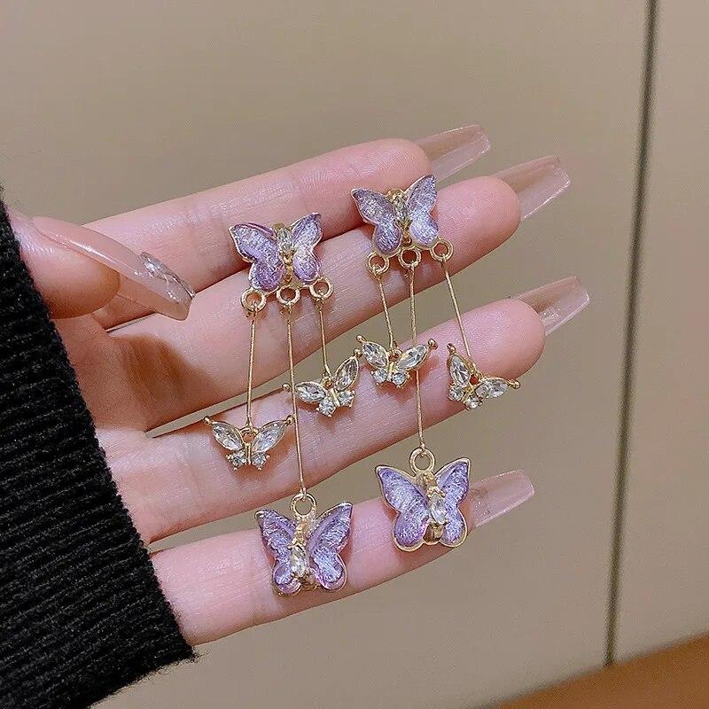 Luxury Purple Butterfly Long Tassel Earrings Ladies Brincos Trendy Crystal Dangle Drop Earrings Girls Party Jewelry Accessories Gift