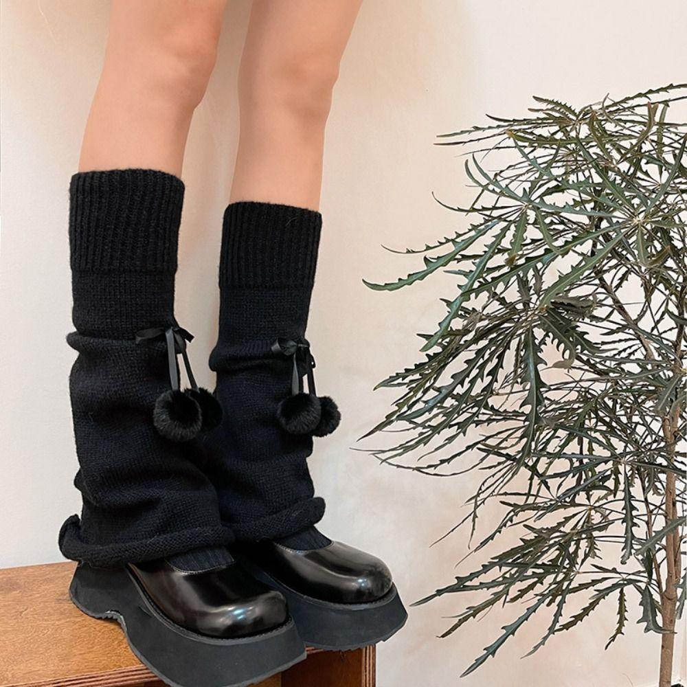 

Bowknot Balletcore Stockings Plush Balls Knitted Leg Covers Trendy Leg Warmers Women Fall Winter