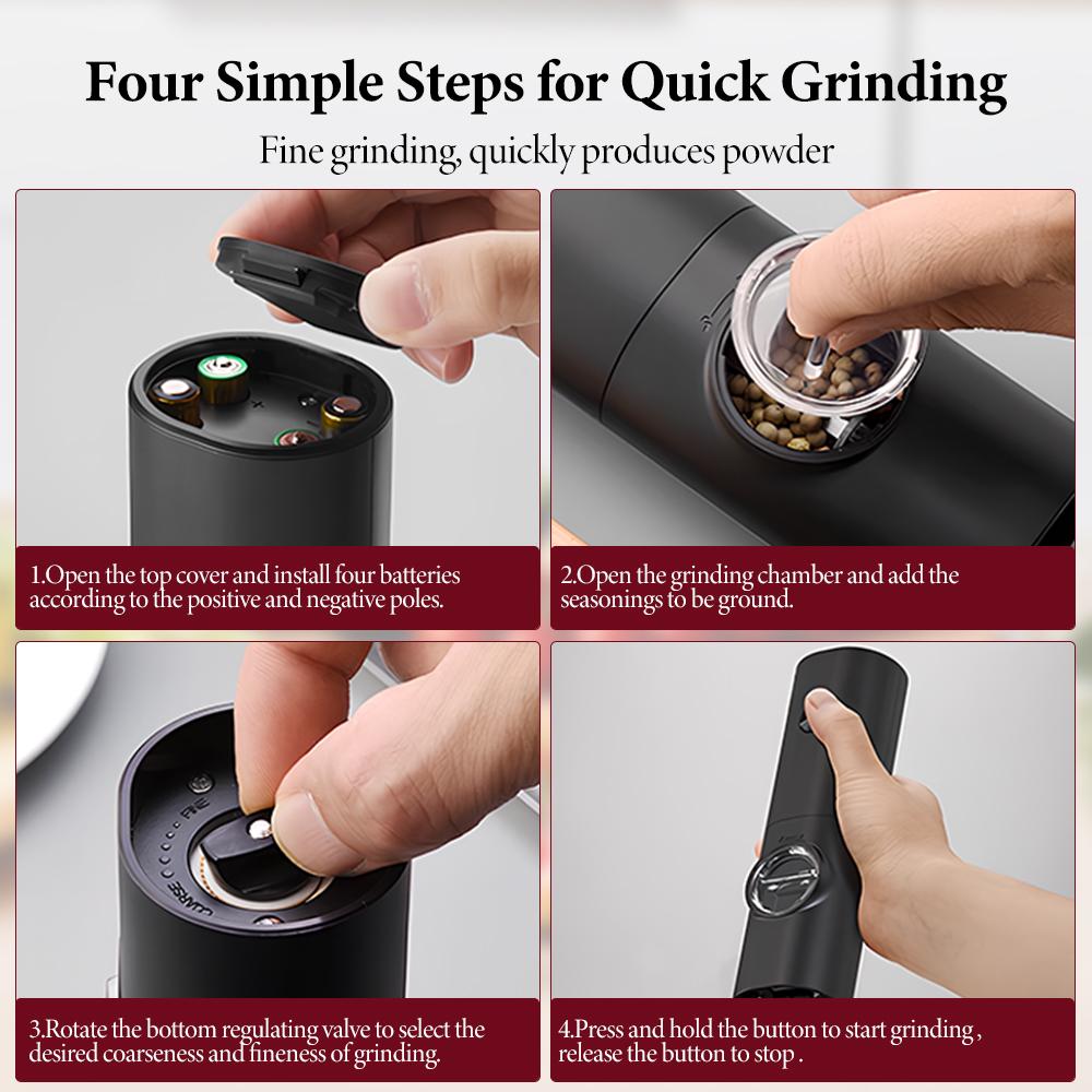 Battery Powered Electric Pepper Grinder Salt Mill - Automatic Spice Grinder,  LED Light, One-Hand Operation, For Kitchen BBQ