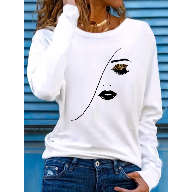 Women's Spring and Autumn Casual Long Sleeve Portrait Printed Round Neck T-shirt Loose Large Short Sleeve T-shirt
