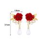 1Pairs Rose Flower Decorative Earrings Red Velvet Rose Pearl Stud Earrings  Wedding Jewelry