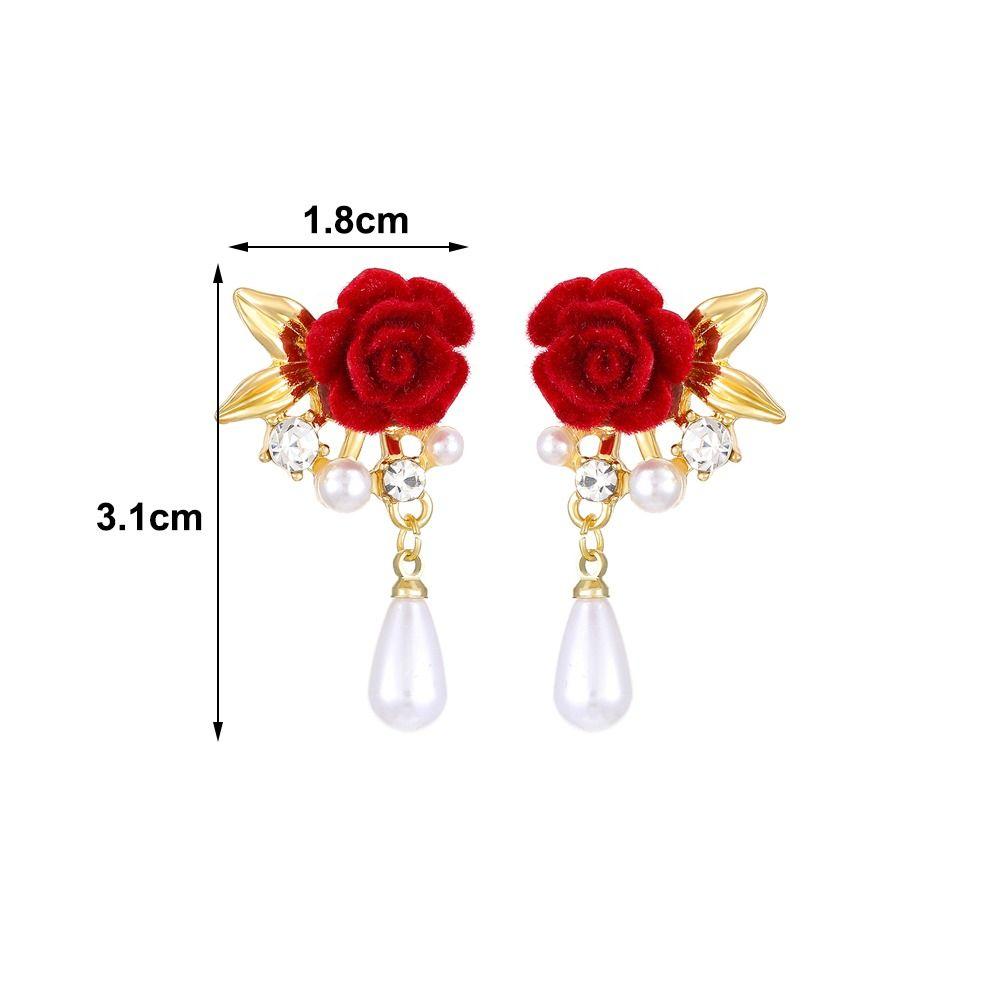 1Pairs Rose Flower Decorative Earrings Red Velvet Rose Pearl Stud Earrings  Wedding Jewelry