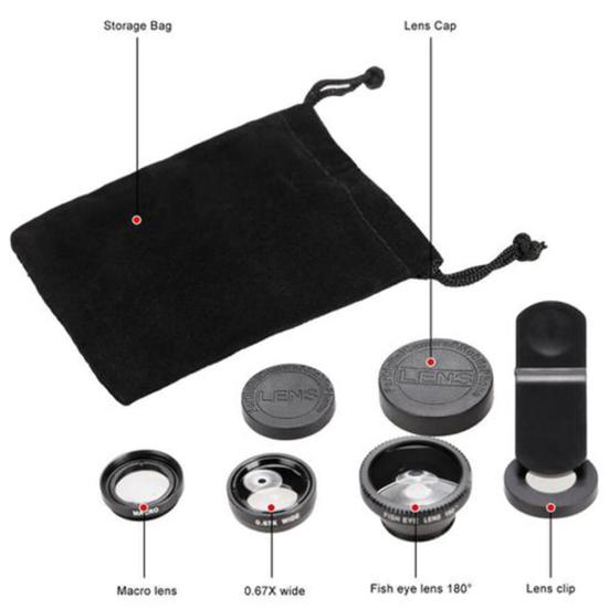 Kit Lenti 3 in 1 per Fotocamera Cellulare Fish Eye Macro Super Grandangolare con Clip