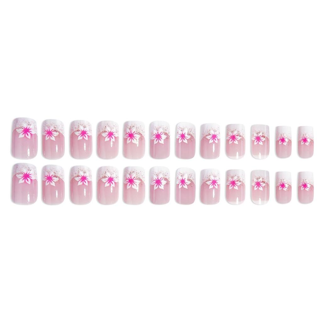 Quadratische Glitzer-Kunstnägel mit Rosenblütenblatt - Nagelkunst im French-Stil