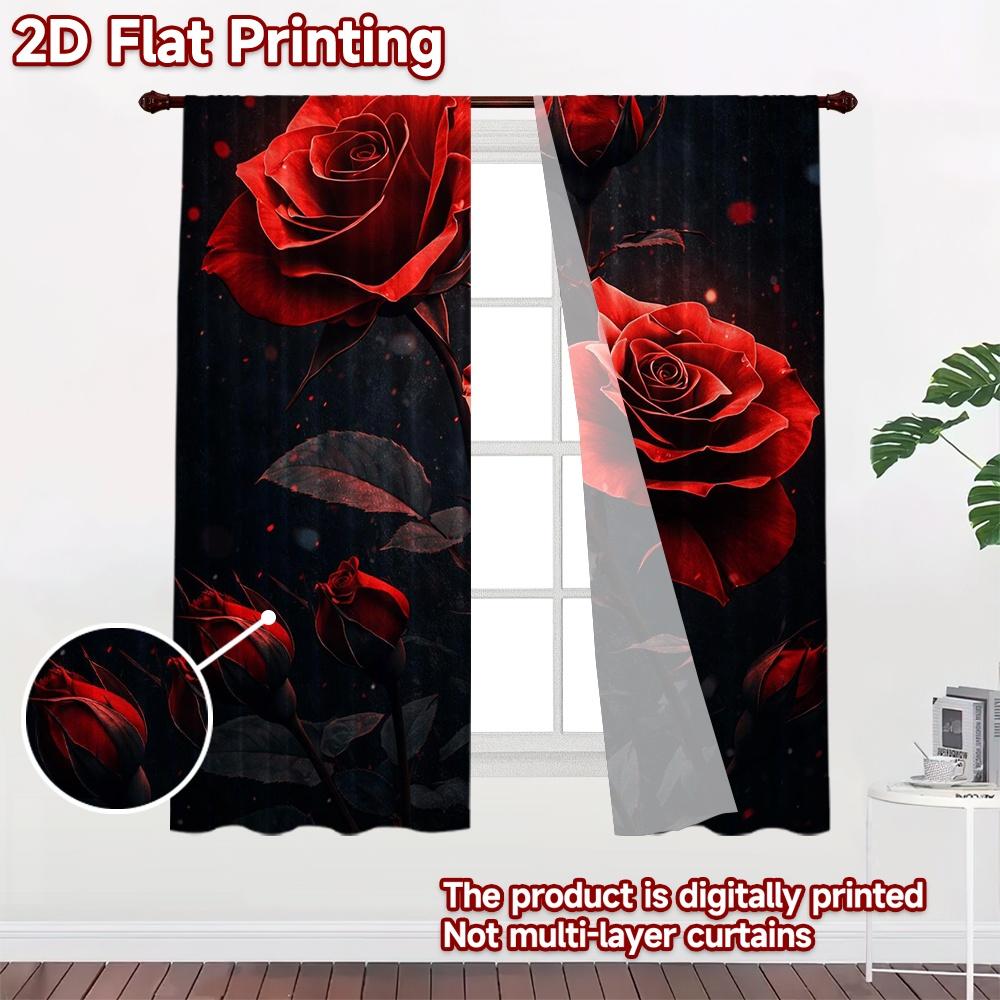 2D FLAT PRINTING 2pcs Curtains (Without Rod) Valentine's Day Red Roses Creative Chic Curtains Versatile Polyester Fabric