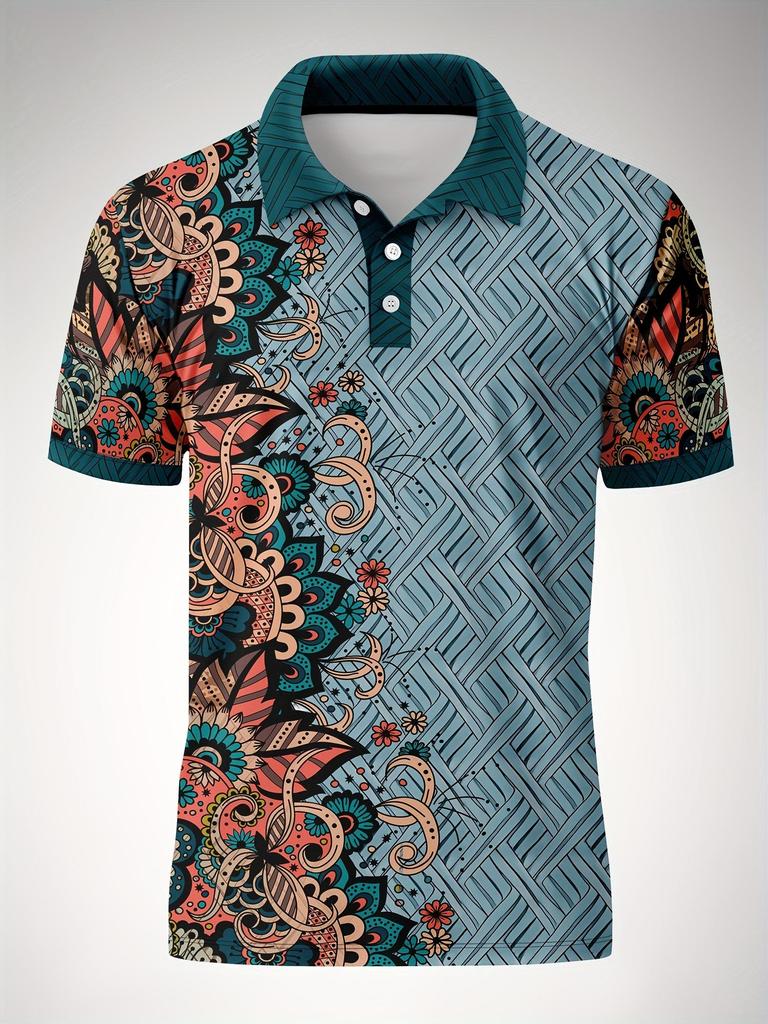 Men'S Sports Casual Print POLO Short-Sleeved Polo Bohemian Style Ethnic Floral Pattern Men'S Summer Short-Sleeved Polo Polo